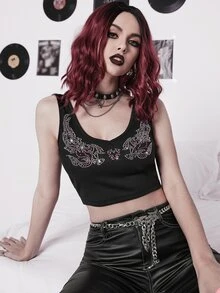 ROMWE PUNK Rhinestone Graphic Pattern Crop Tank Top - Black - View 5