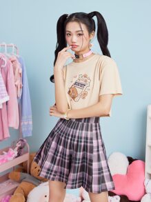 Kawaii Camiseta corta con estampado de oso de dibujos animados - Albaricoque - Ver 2