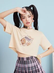 Kawaii Camiseta corta con estampado de oso de dibujos animados - Albaricoque - Ver 4