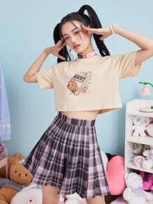 Kawaii Camiseta corta con estampado de oso de dibujos animados - Albaricoque - Ver 5
