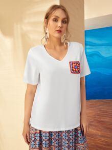 Mulvari Plus Crochet Patched Tee - White - View 4