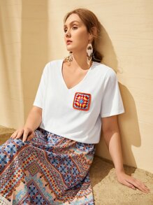 Mulvari Plus Crochet Patched Tee - White - View 1