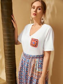 Mulvari Plus Crochet Patched Tee - White - View 8