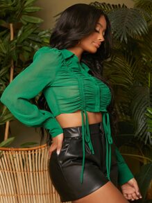 SHEIN SXY Xù Mặt trước dây rút Mùa vụ Áo sơ mi Đèn lồng Tay áo loe Boho - màu xanh lá - Xem 4