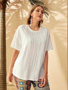 Mulvari Áo thun Plus size mép màu trơn Giải trí - trắng - Xem 4