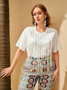 Mulvari Áo thun Plus size mép màu trơn Giải trí - trắng - Xem 3