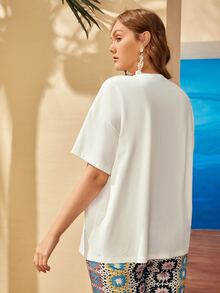 Mulvari Áo thun Plus size mép màu trơn Giải trí - trắng - Xem 2