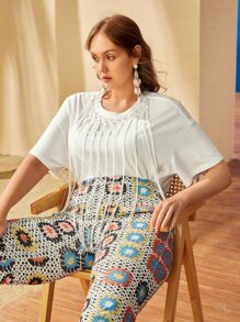 Mulvari Áo thun Plus size mép màu trơn Giải trí - trắng - Xem 1