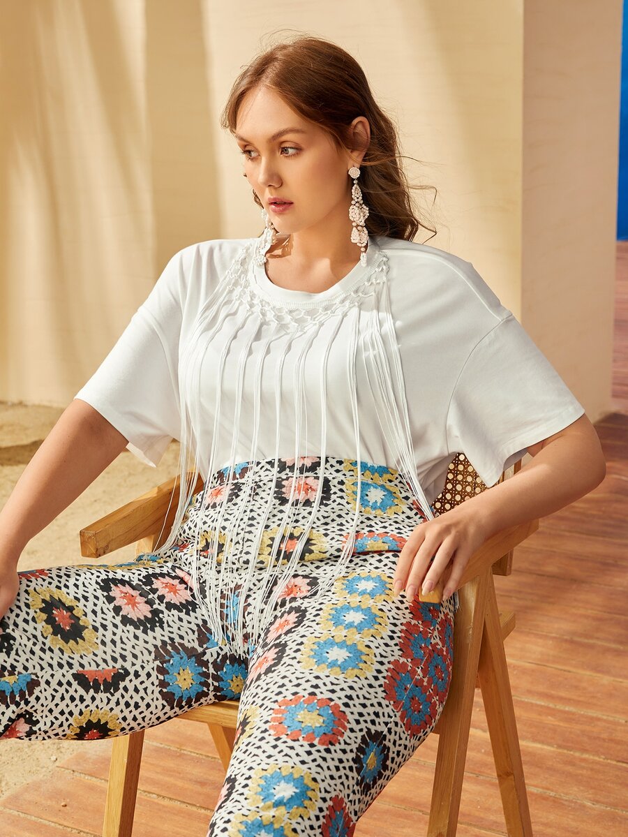 Mulvari Áo thun Plus size mép màu trơn Giải trí - trắng - Xem 1