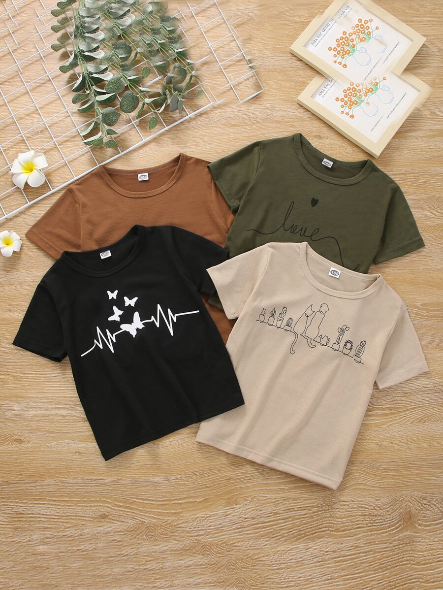 Toddler Girls 4pcs Cat & Butterfly Print Tee - Multicolor - View 1