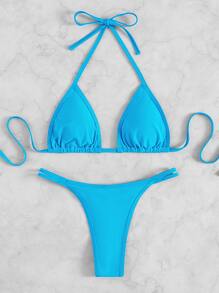 Plain Halter Triangle Bikini, For Summer Beach Vacation - Mint Blue - View 5
