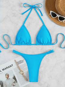 Plain Halter Triangle Bikini, For Summer Beach Vacation - Mint Blue - View 6