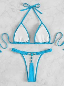 Plain Halter Triangle Bikini, For Summer Beach Vacation - Mint Blue - View 2