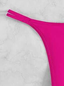 Conjunto de bikini triangular de cuello halter liso, para vacaciones en la playa de verano - Rosa Fucsia - Ver 3