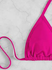 Conjunto de bikini triangular de cuello halter liso, para vacaciones en la playa de verano - Rosa Fucsia - Ver 4