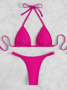 Conjunto de bikini triangular de cuello halter liso, para vacaciones en la playa de verano - Rosa Fucsia - Ver 5
