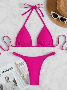 Conjunto de bikini triangular de cuello halter liso, para vacaciones en la playa de verano - Rosa Fucsia - Ver 6