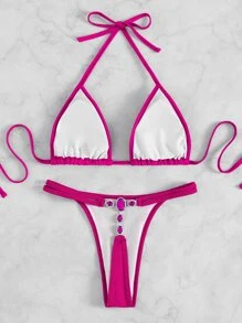 Conjunto de bikini triangular de cuello halter liso, para vacaciones en la playa de verano - Rosa Fucsia - Ver 2