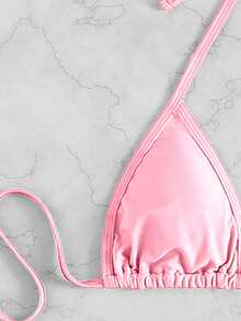 Plain Halter Triangle Bikini, For Summer Beach Vacation - Baby Pink - View 4