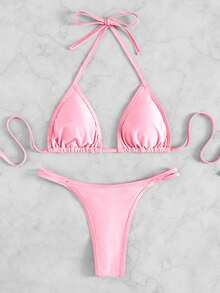 Plain Halter Triangle Bikini, For Summer Beach Vacation - Baby Pink - View 5