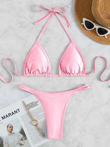 Plain Halter Triangle Bikini, For Summer Beach Vacation - Baby Pink - View 6
