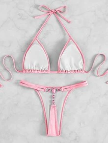 Plain Halter Triangle Bikini, For Summer Beach Vacation - Baby Pink - View 2