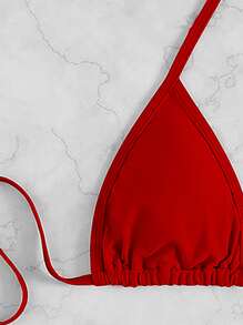 Plain Halter Triangle Bikini, For Summer Beach Vacation - Red - View 4