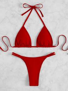 Plain Halter Triangle Bikini, For Summer Beach Vacation - Red - View 5