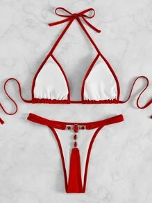 Plain Halter Triangle Bikini, For Summer Beach Vacation - Red - View 2