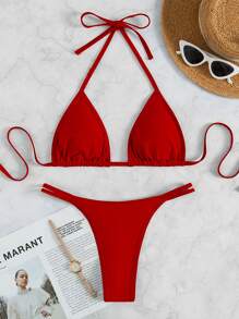 Plain Halter Triangle Bikini, For Summer Beach Vacation - Red - View 6