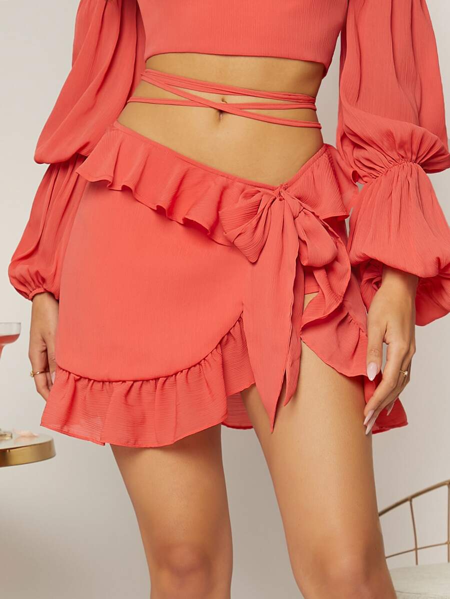 SHEIN VCAY 荷葉邊側打結半身裙 - 西瓜粉 - 查看 1