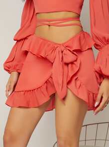 SHEIN VCAY 荷葉邊側打結半身裙 - 西瓜粉 - 查看 3