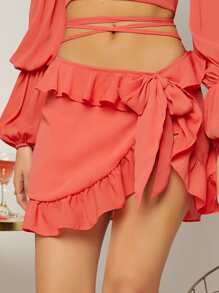 SHEIN VCAY 荷葉邊側打結半身裙 - 西瓜粉 - 查看 4