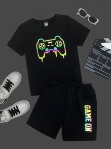 SHEIN Tween Boy Reflective Gamepad & Letter Graphic Tee & Shorts Set - Black - View 1