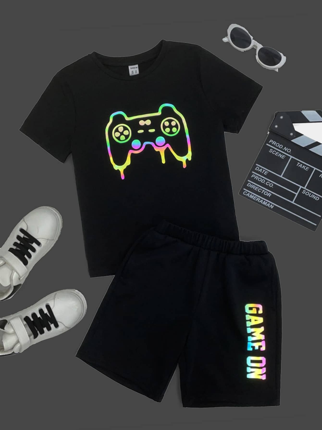 SHEIN Tween Boy Reflective Gamepad & Letter Graphic Tee & Shorts Set - Black - View 1