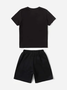 SHEIN Tween Boy Reflective Gamepad & Letter Graphic Tee & Shorts Set - Black - View 2