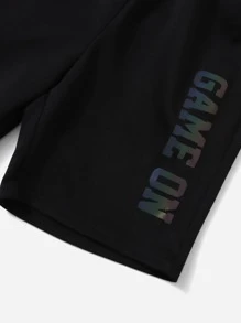 SHEIN Tween Boy Reflective Gamepad & Letter Graphic Tee & Shorts Set - Black - View 3
