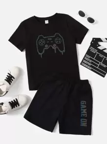 SHEIN Tween Boy Reflective Gamepad & Letter Graphic Tee & Shorts Set - Black - View 4