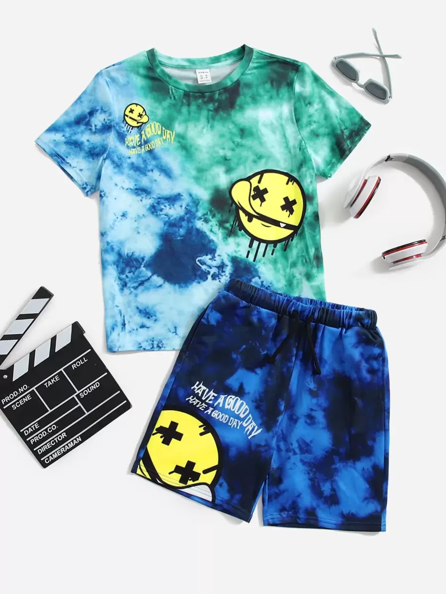SHEIN Tween Boy Cartoon Graphic Tie Dye Tee And Shorts Set - Multicolor - View 1