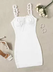 SHEIN EZwear Frill Trim Strap Knot Front Ruched Bust Eyelet Dress - White - View 1