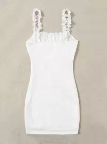 SHEIN EZwear Frill Trim Strap Knot Front Ruched Bust Eyelet Dress - White - View 2