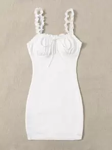 SHEIN EZwear Frill Trim Strap Knot Front Ruched Bust Eyelet Dress - White - View 3