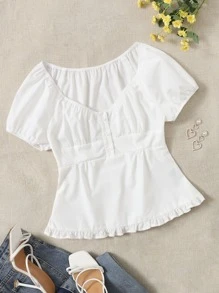SHEIN Ruched Bust Frill Hem Blouse - White - View 1