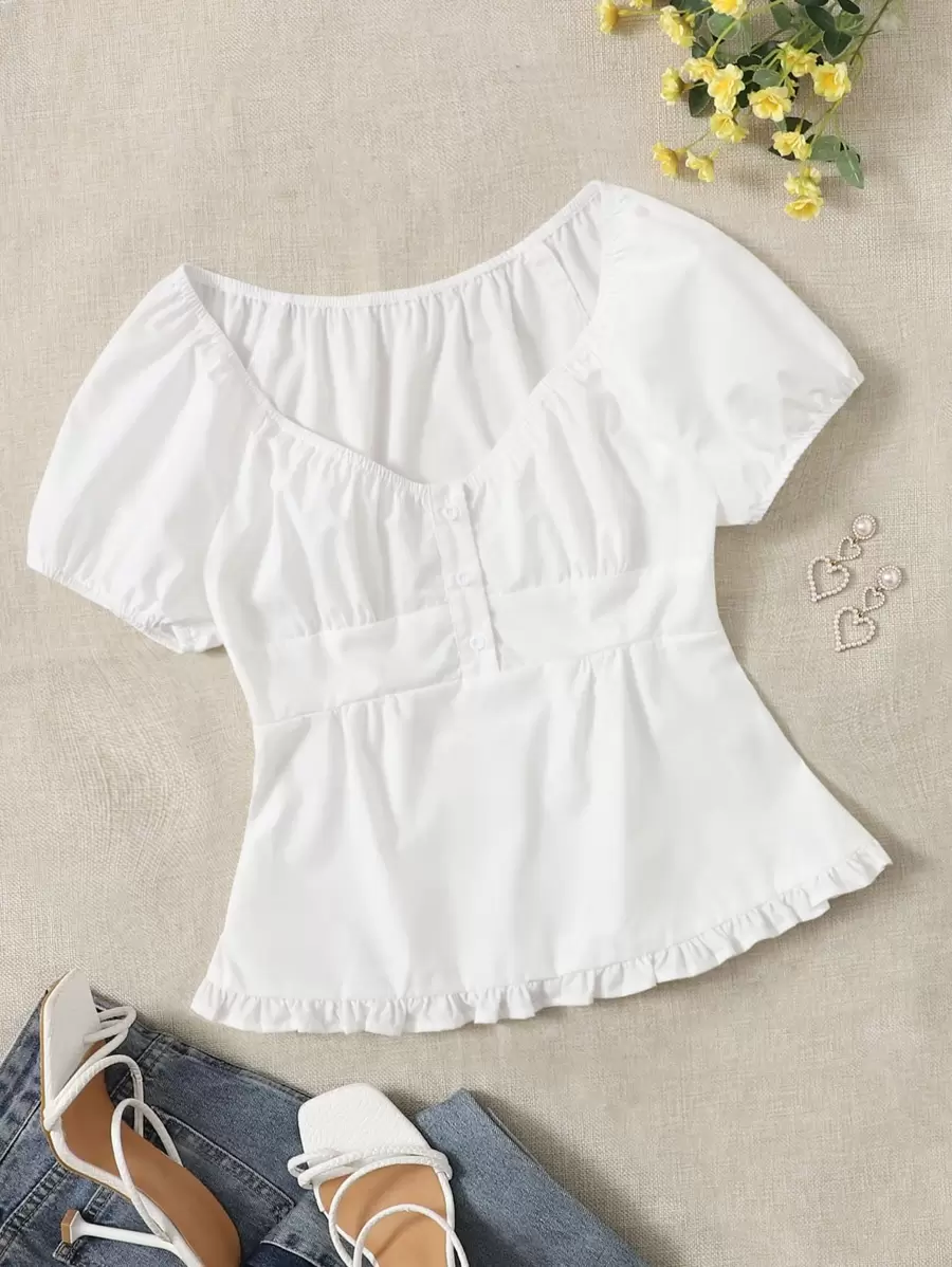 SHEIN Ruched Bust Frill Hem Blouse - White - View 1