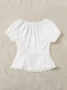 SHEIN Ruched Bust Frill Hem Blouse - White - View 2