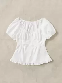 SHEIN Ruched Bust Frill Hem Blouse - White - View 3