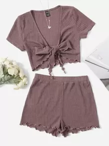 SHEIN EZwear 前繫帶木耳邊T恤和華夫格編織短褲套裝 - 藕粉色 - 查看 1