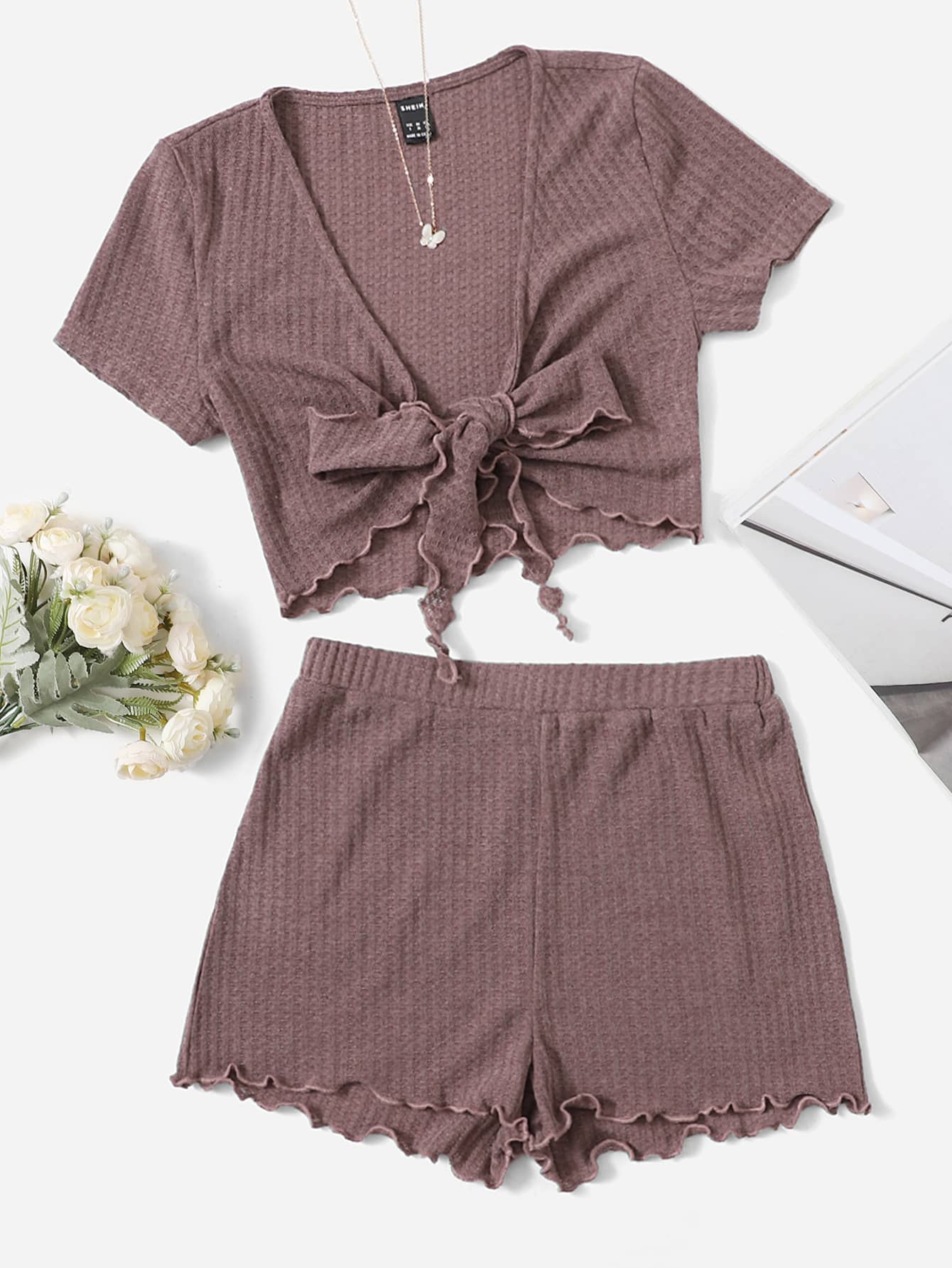 SHEIN EZwear 前繫帶木耳邊T恤和華夫格編織短褲套裝 - 藕粉色 - 查看 1