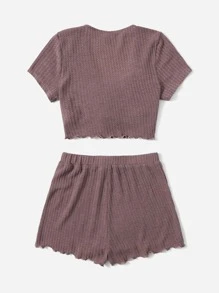 SHEIN EZwear 前繫帶木耳邊T恤和華夫格編織短褲套裝 - 藕粉色 - 查看 2