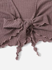 SHEIN EZwear 前繫帶木耳邊T恤和華夫格編織短褲套裝 - 藕粉色 - 查看 3